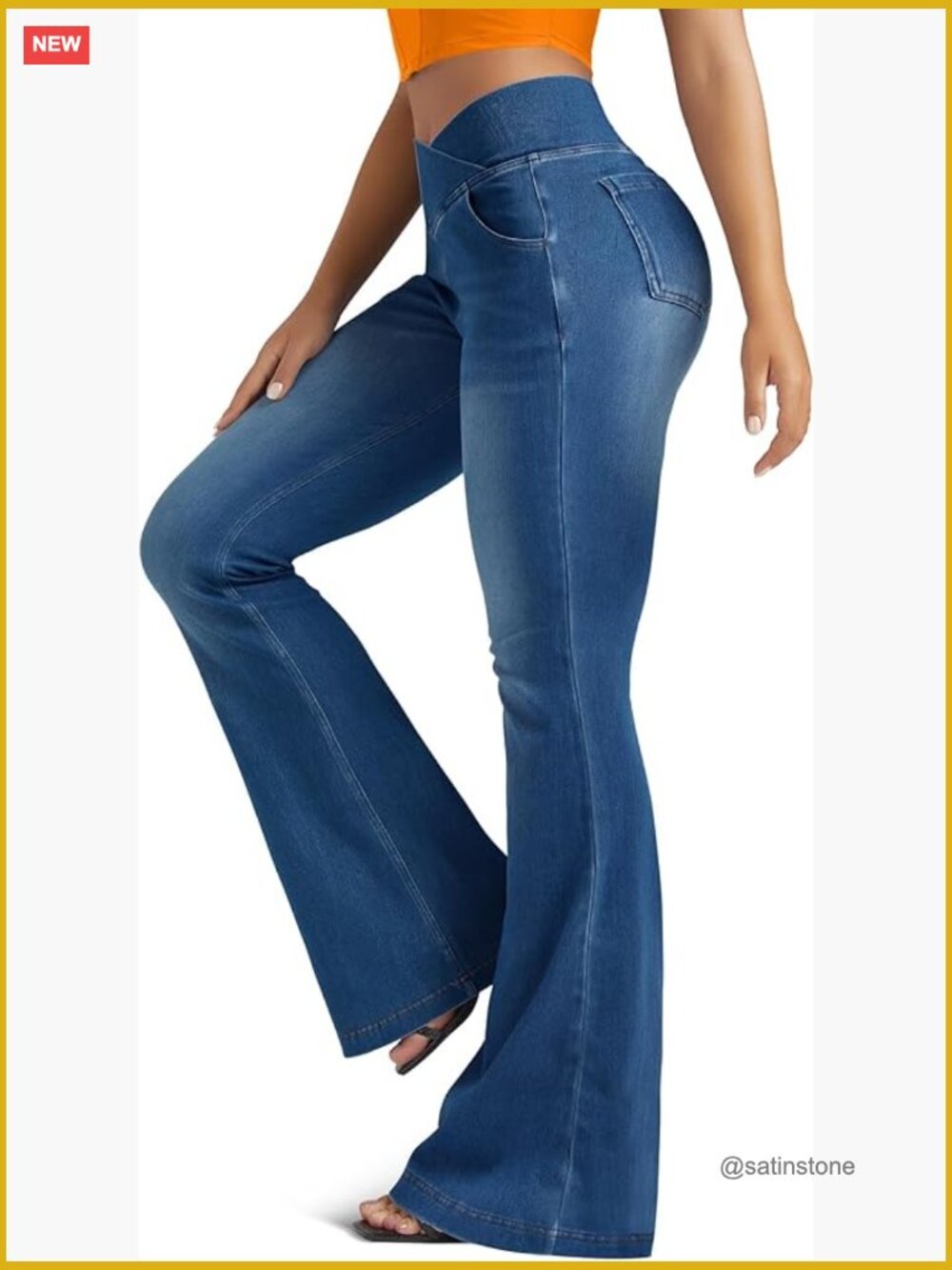 Knit Stretchy Jean Leggings with Crossover Waist Bell Bottom Yoga Pants with
